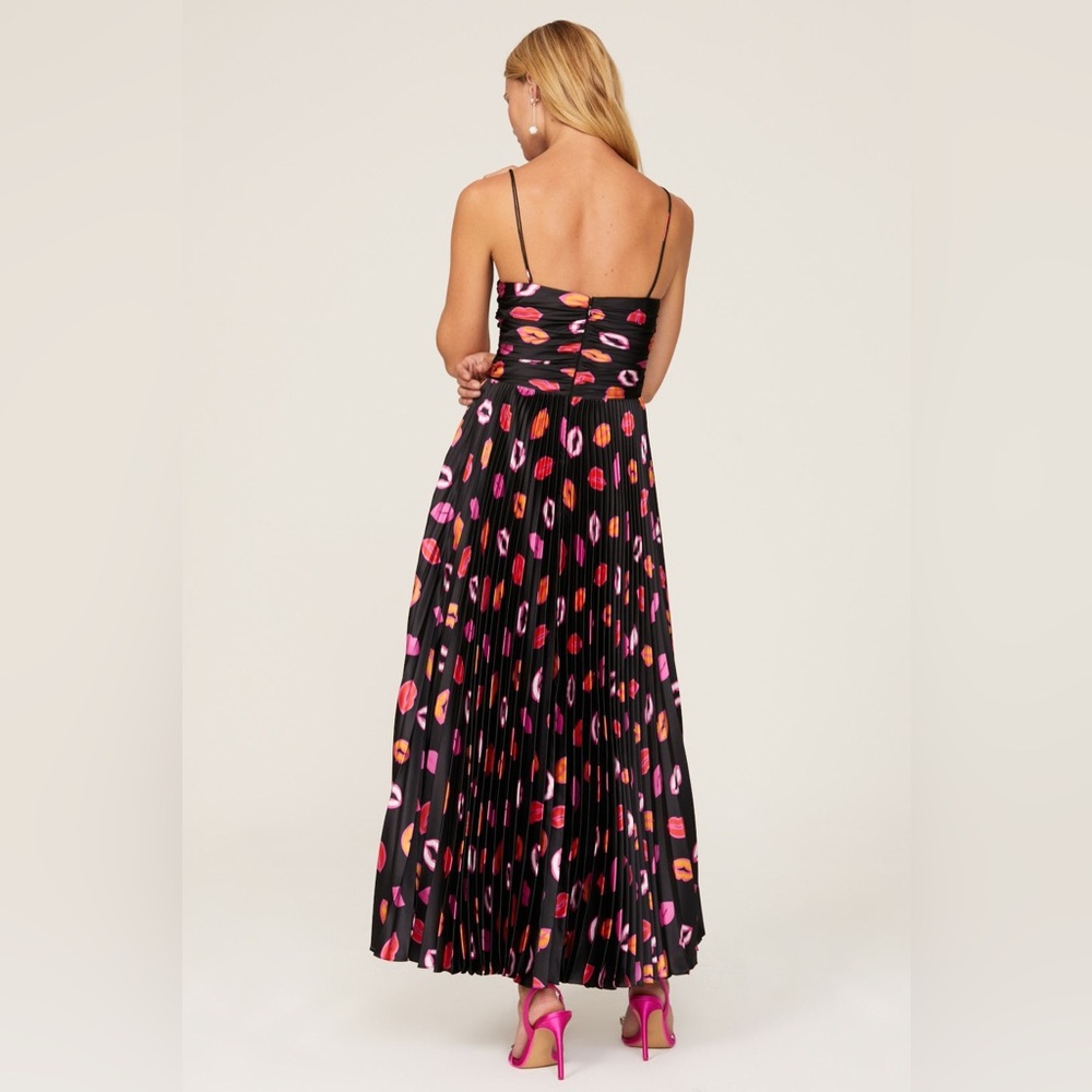 AMUR Afra Pleated Black Bisou Pink Red Lips Lip Kisses Midi Dress - Size 12 - Picture 2 of 5